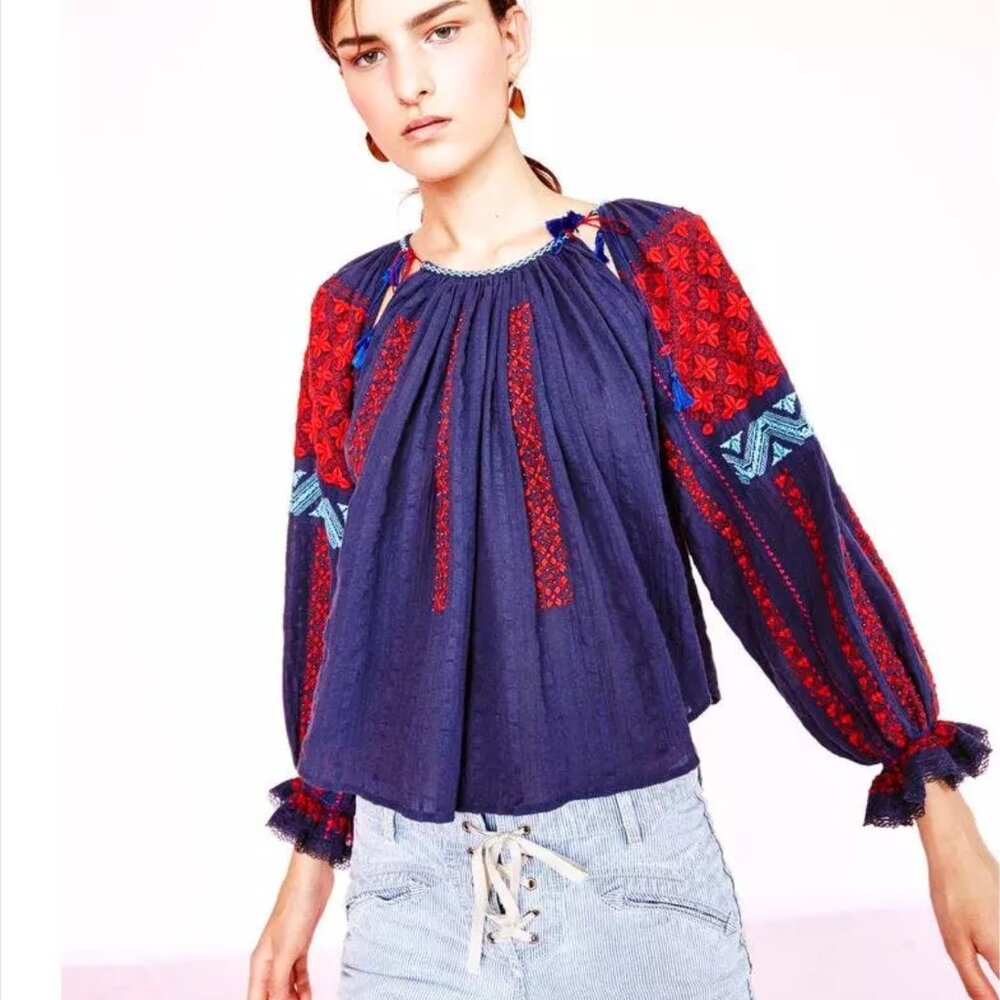 Ulla Johnson Mila Embroidered Peasant Blouse Womens 6 Blue Red